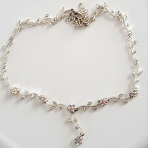 Silver Floral Necklace with Iridescent Pink Stones